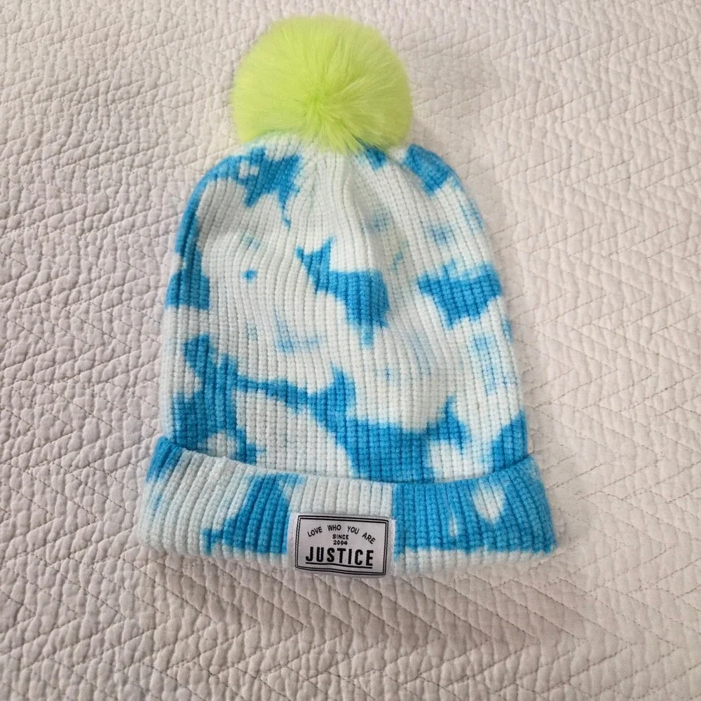 Justice Girls Blue White Tie Dye Ribbed Knit Beanie Hat‎ Lime Green Pom Pom